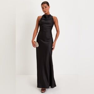 NWT Lulus Effortlessly Sensational Black Satin Backless Maxi Dress